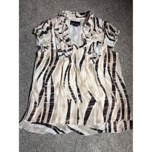 Y2K Robert Louis Zebra Print Ruffle V-Neck Size S Blouse Brown Cream Tan Top
